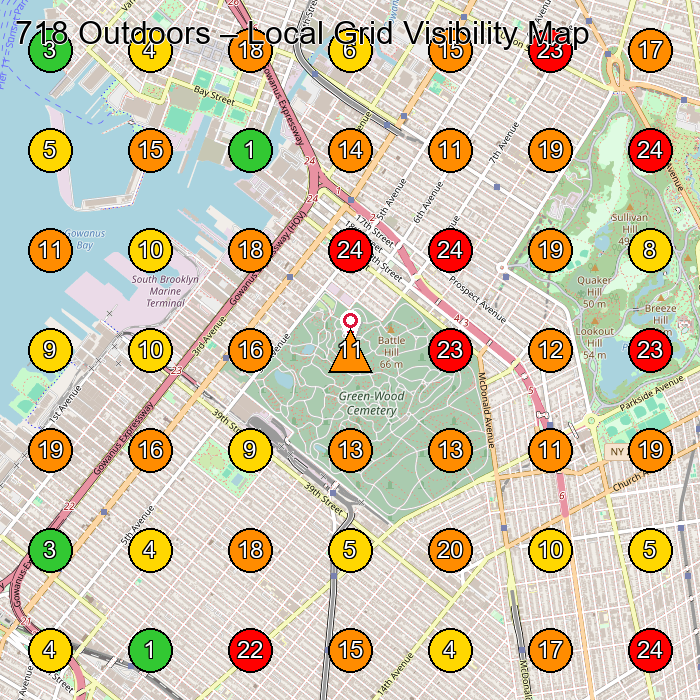 718 Outdoors Bicycle Store GeoGrid ranking map for Brooklyn NY